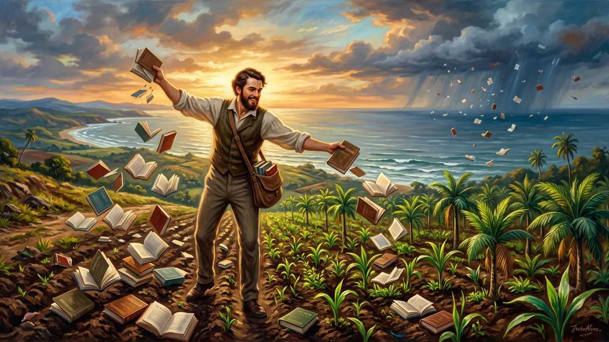 Um homem feliz lançando livros em um campo (semeando)