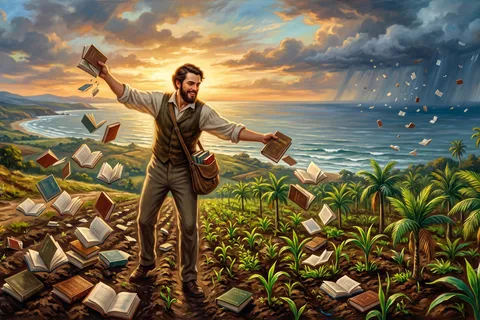 Um homem feliz lançando livros em um campo (semeando)